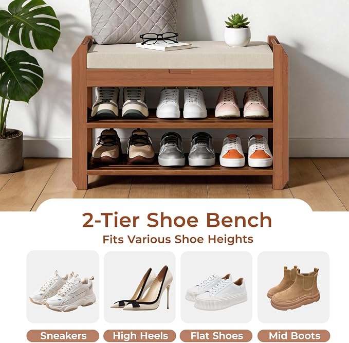 27.6" Bamboo Shoe Bench with Cushion, 5 Hooks Coat Rack, 2-Tier Storage Bench for Entryway, Heavy Duty Shoe Rack Organizer with Removable Soft Cushion for Living Room Bedroom Hallway - Image 4
