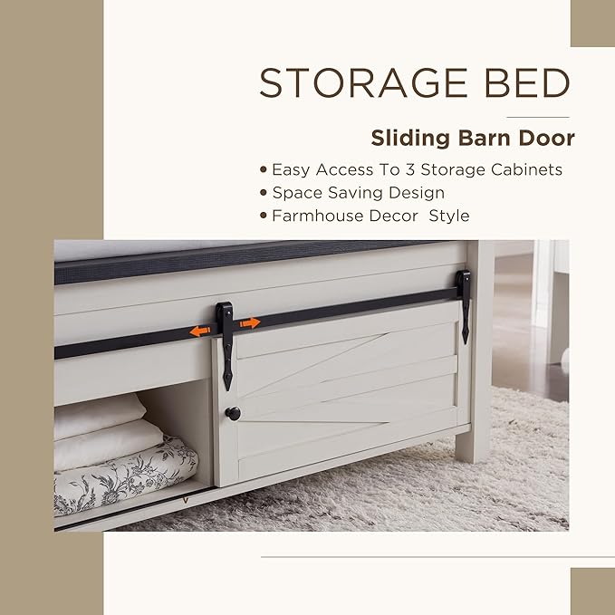 JXQTLINGMU 3 Pieces Farmhouse Bedroom Set-King Size Bed with 2 Nightstands of Sliding Barn Door Storage Cabinets, Solid Wood Slats Support, Noiseless, No Box Spring Needed, Off White