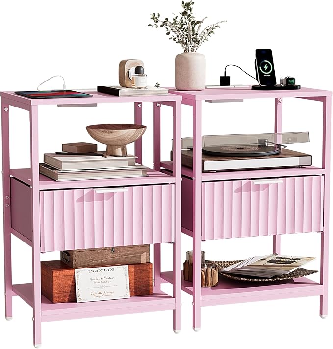 Bonnlo Fluted Nightstand Set of 2, End Table with Fabric Drawer with Charging Station, Night Stand with Storage Shelf & Handle, Fluted Side Table for Bedroom/Living Room,Pink by Bonnlo