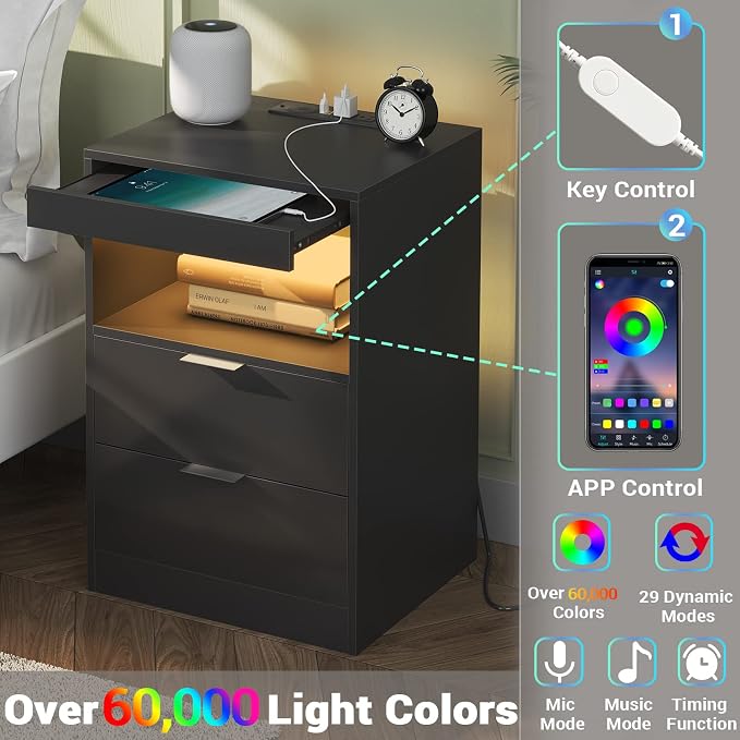 Tiptiper Black Nightstand with Wireless Charging Station and LED Lights, Bedside Table with 2 Drawers, Open Storage, 1 Pull-Out Tray, End Side Table with Charging Station, LED Night Stand with Storage - Image 5