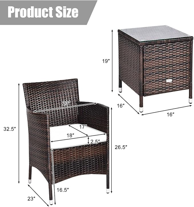 HAPPYGRILL 3 Piece Patio Set Wicker Rattan Furniture Set Outdoor Rattan Conversation Set with Coffee Table Chairs & Thick Cushions Bistro Sets for Patio Garden Lawn Backyard Pool