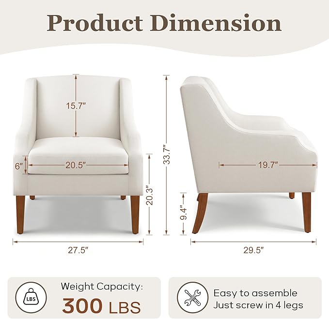 Accent Chair for Living Room,No Assembly Upholstered Mid Century Modern Comfy Tufted Armchairs with Wooden Legs,Sofa Chairs for Bedroom, Reading Waiting Room Apartment Beige