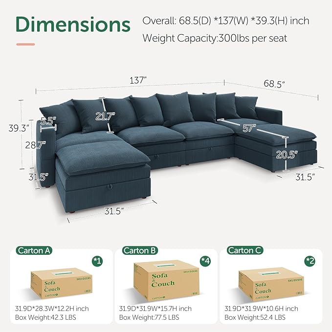HONBAY Modular Sectional Sofa, 137 Inch U Shaped Corduroy Couch with Storage, Convertible Sectional Sofa with Deep Seat, Blue
