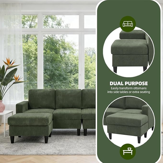 101" L-Shape Modular Sectional Couch, Convertible Corduroy Couch with 2 Ottomans, Modern 4 Seater Upholstered Modular Sectional Sofa for Apartment, Living Room, Dark Green