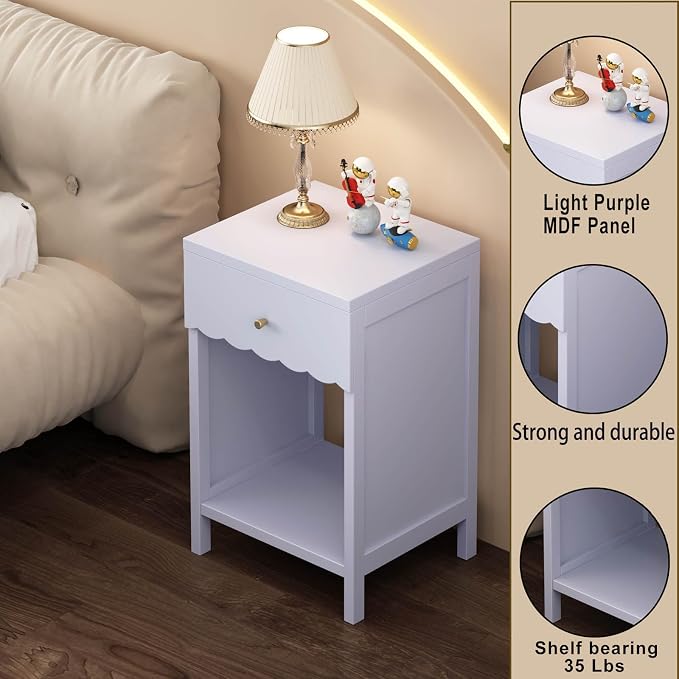 26“ Modern White Nightstand with Drawer and Open Shelf, Scalloped Edge Bedside Table for Bedroom, Cute Minimalist Side Table for Girls' Room (Light Purple) - Image 4