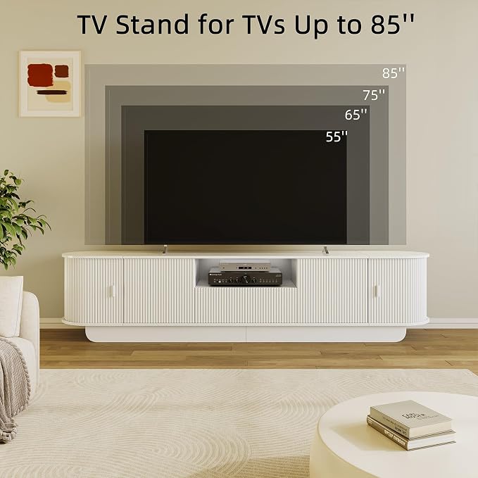 86.61'' Tambour TV Stand for 55-85 Inch, Modern Entertainment Center with Large Storage Cabinet & Open Shelves, TV Console with Sliding Doors for Living Room, Bedroom, White - Image 4