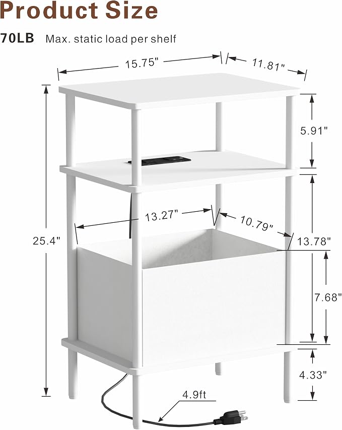 Small Side Table with Charging Station, End Table for Small Spaces, Slim Nightstand with Outlet,Sofa Beside Table, 3-Tier Storage Shelf,Living Room, Bed Room, Natrual White - Image 3