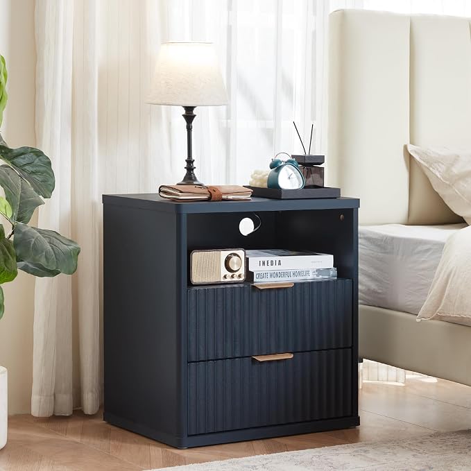LEYAOYAO Fluted Nightstand with Charging Station, 23" Wide 2 Drawers End Table,Night Stand with Open Storage Cabinet, Farmhouse Bed Side Tables, Wood Dresser for Bedroom, Living Room, Closet, Blue - Image 3