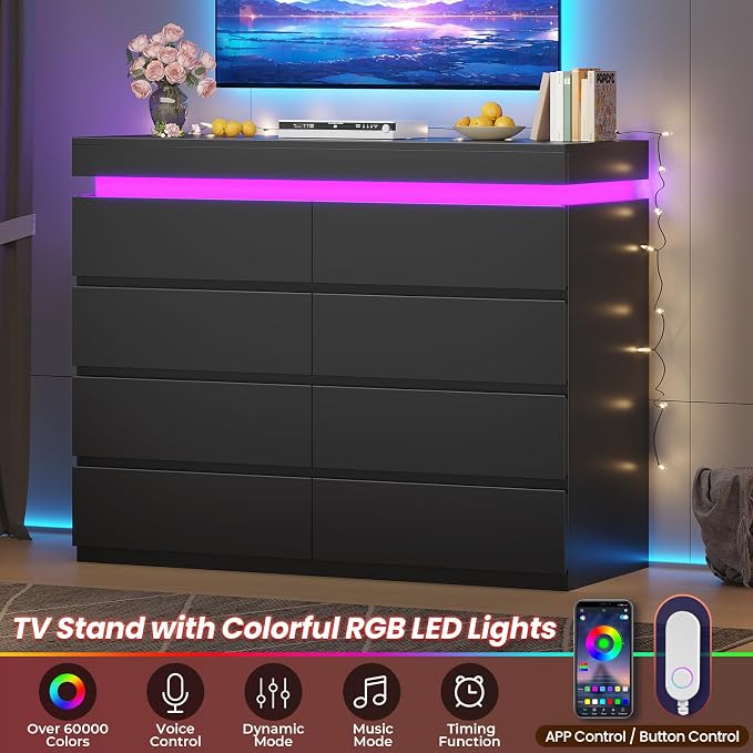 HAUOMS 8 Drawer Dresser with LED Light, Black Modern Chest of Drawers for Bedroom,Closet Dressers with Drawers for Living Room, Entryway, Hallway - Image 3