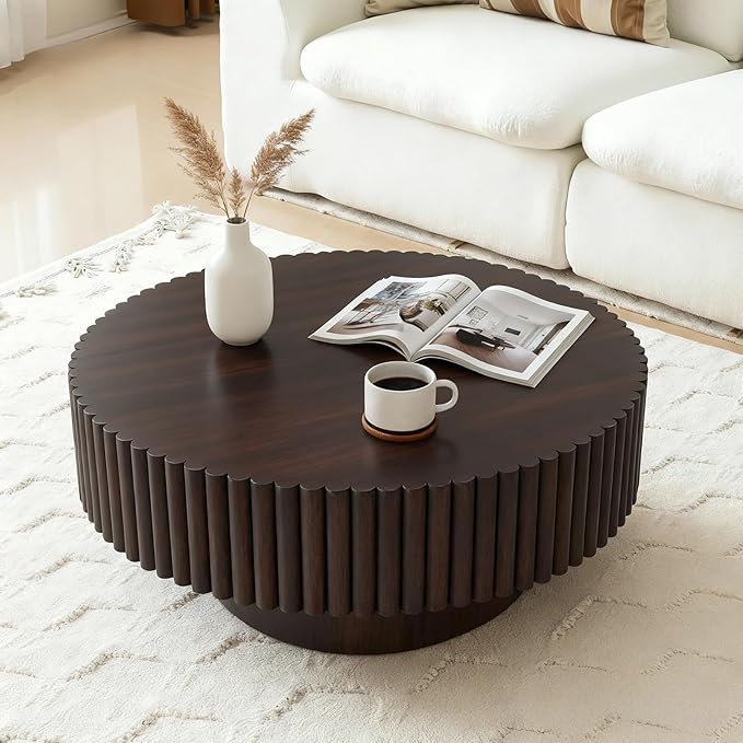 Rovibek Fluted Round Coffee Table, Wooden Coffee Table with Fluted Base, 31.5" Circle Living Room Table for Living Room Apartment Office Small Space, Easy Assembly, Brown