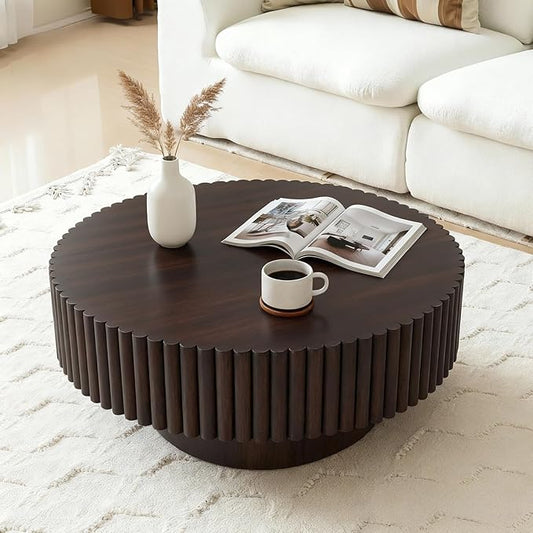 Rovibek Fluted Round Coffee Table, Wooden Coffee Table with Fluted Base, 31.5" Circle Living Room Table for Living Room Apartment Office Small Space, Easy Assembly, Brown