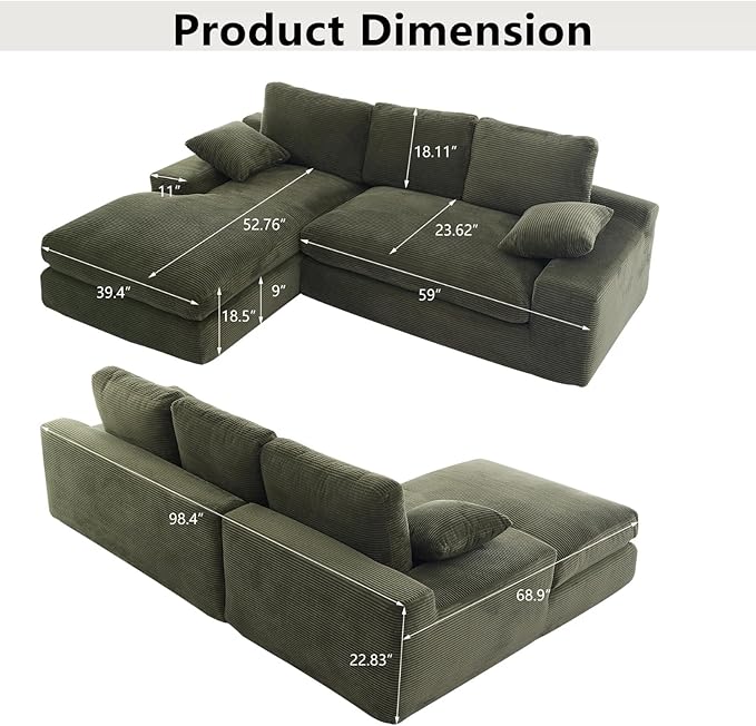 L Shaped 4 Seater Sofa, Modern Modular Sofa with 3 Back Cushions & 2 Coordinating Pillows, 98'' Corduroy Leisure Combination Couch with Wide Seat & High-Resilience Foam for Living Room, Green