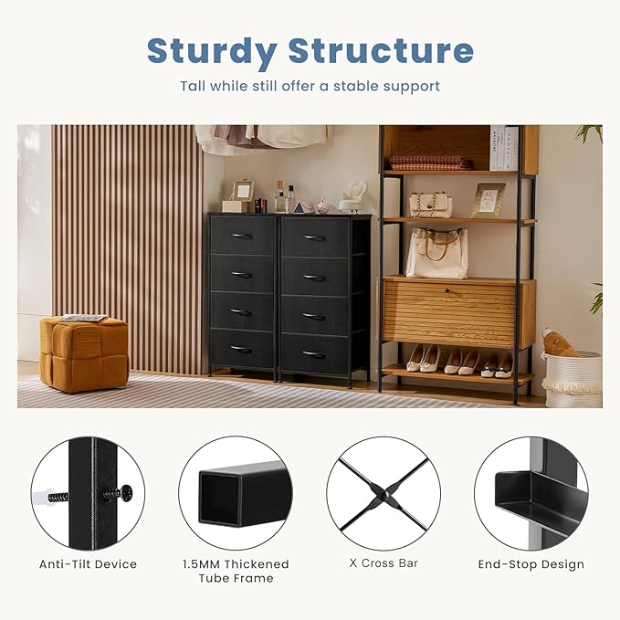 Simple Deluxe 4 Drawer Dresser, Fabric Storage Tower Organizer with Sturdy Steel Frame and Wood Top, Easy Pull Handles, for Bedroom, Entryway, Hallway, Black