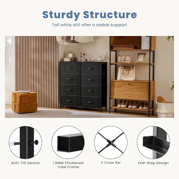 DUMOS Nightstand with 4 Drawers Bedside Table with Removable Fabric Bins Sturdy Steel Frame Wood Top Organizer Furniture for Bedroom Closet Living Room - Image 7
