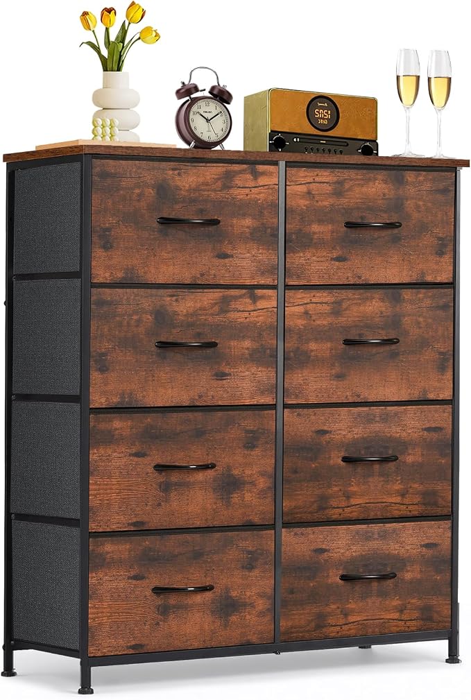 8-Drawer Dresser for Bedroom, Anti-Tip Tall Storage Organizer Chest of Drawers with Wooden Top and Metal Frame Fabric Bins for Closet, Living Room, Hallway, Entryway, Brown by SageNest