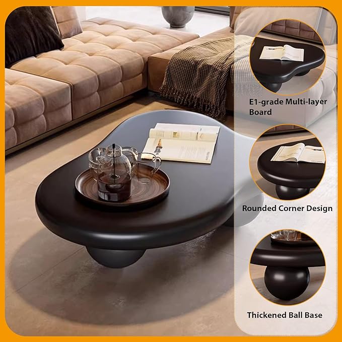 Modern Wooden Coffee Table Cloud Coffee Table Cute Central Living Room Low Table Irregular Indoor End Table Black Coffee Tables with 3 Ball Legs for Living Room Bedroom (Black Round Leg B 47.2 inch)