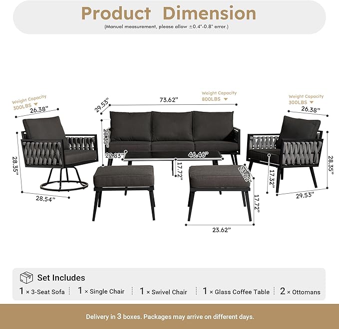 Weaxty Modern Patio Furniture Set 6 Piece, Rope Outdoor Patio Conversation Sets Sectional Sofa Swivel Chairs Table Ottoman, All Weather Metal Balcony Furniture for Backyard Garden, Black