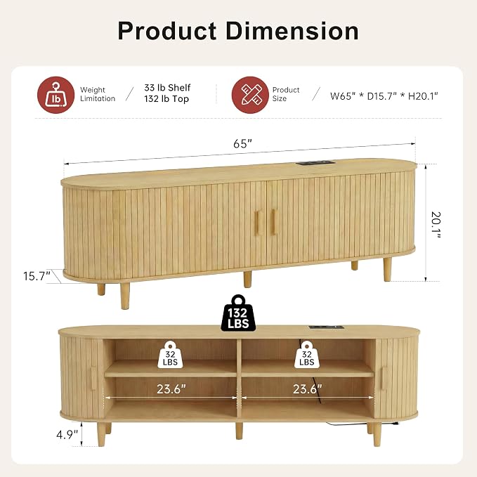 65" Mid Century Modern TV Stand, Wood TV Consoles with Sliding Doors and Power Outlet, Fluted Entertainment Center with Adjustable Shelves, Media Console for Living Room, Oak - Image 2