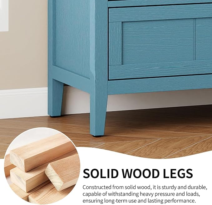 31.5" Wide Wood Nightstand with 3 Drawers, Modern Storage Cabinet with Solid Wood Legs & Golden Handles, Large Accent Table for Bedroom, Blue, 2 PC - Image 4