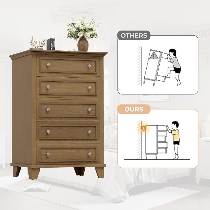 GAOMON Brown 5 Drawer Dresser for Bedroom, 48" Tall Wood Dresser & Chests of Drawers with Deep Drawers, Modern Chest Organizer with Metal Handles for Living Room, Hallway, Entryway - Image 6