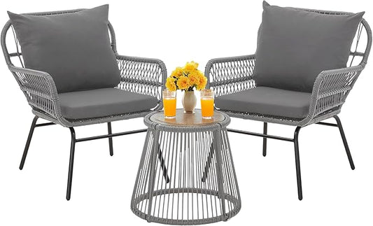 Bezseller 3-Piece Outdoor Patio Set - 20" Wide Seating w/ 2" Thick Cushions, 14.2" Seat Height - Modern Boho Furniture for Gardens, Balcony & Apartments