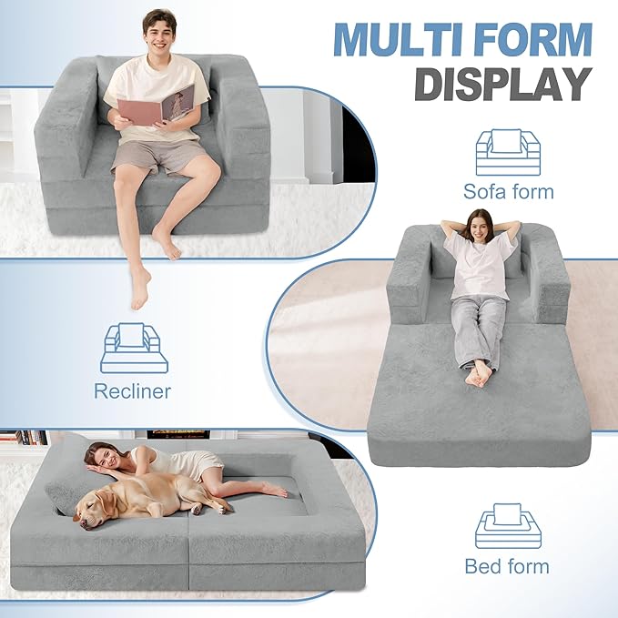 Futon Sofa Bed with Pillow, 3-in-1 Sleeper Sofa Bed with Removable Cover, Convertible Floor Sofa Bed, No Assembly Boneless Couch for Living Room, Bedroom