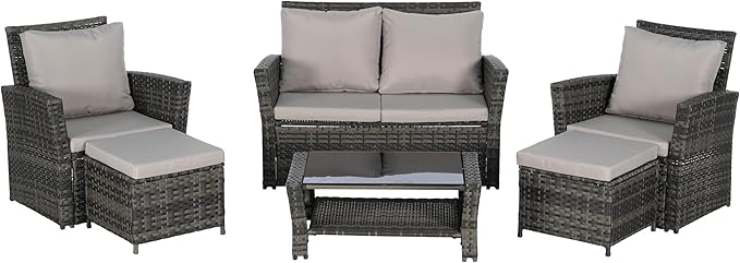 KEIKI 6-Piece Outdoor Patio Furniture Set, Rattan Patio Conversation Set with 2-Seater Sofa, 2 Single Sofa, 2 Ottomans, Coffee Table, PE Wicker Sofa Set, for Garden, Backyard, Lawn, Deck, Light Gray