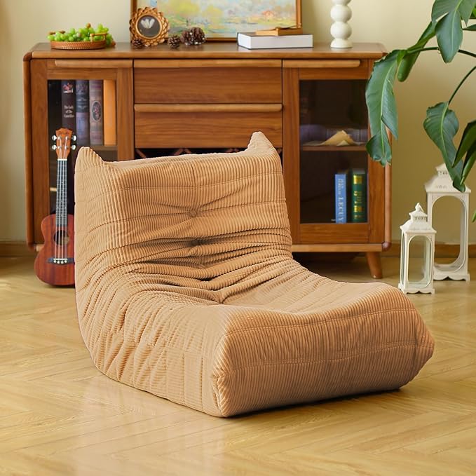 N&V Fireside Floor Sofa- Mid-Century Modern Armless Lounge Chair with Premium Soft Corduroy Fabric, Plush Foam Cushion Accent Chair for Living Room, Bedroom & Office (Khaki)