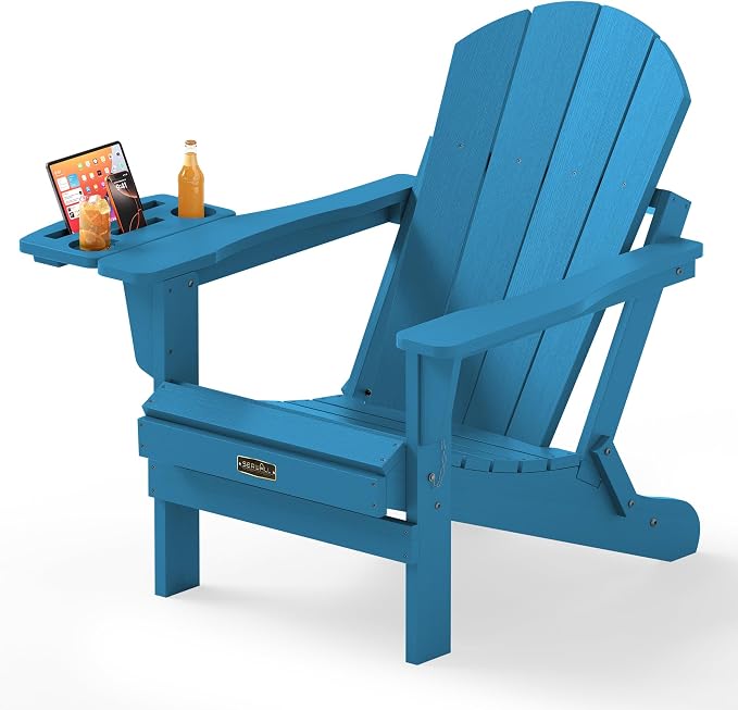 SERWALL Folding Adirondack Chair with 4 in 1 Multi-Functional Cup Holder, Wood Texture Adirondack Chairs for Patio Garden Outdoors, All-Weather Plastic Fire Pit Chairs - Sapphire by SERWALL