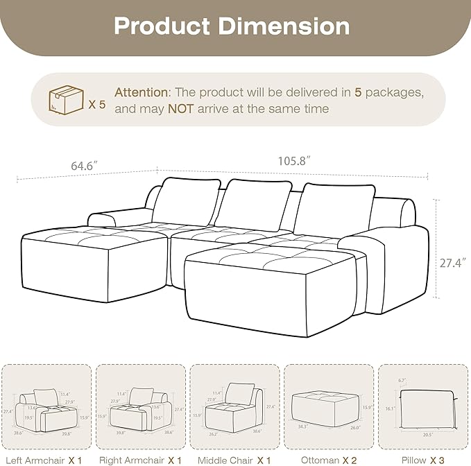 Modular Sectional Sofa, 6 Seat Modular Couch, Modular Sofa with Deep Seat and Detachable Pillow (Grey, 5 Pieces-U Shape)