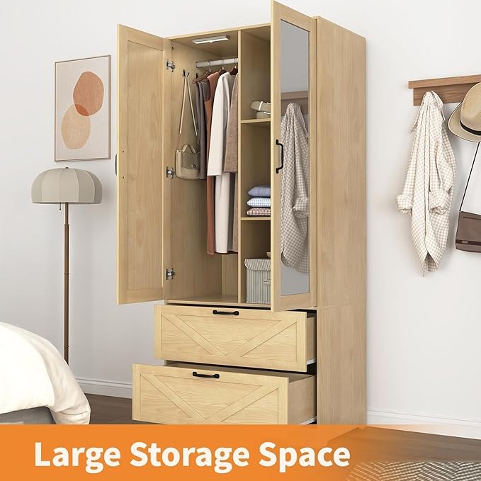 Natural Armoire Wardrobe Closet with Mirror Door and LED Lights,72" Tall Farmhouse Bedroom Armoire with Drawers and Adjustable Shelves,Wooden Armoire Wardrobe Closet for Bedroom