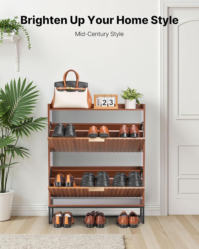 VEVOR Shoe Cabinet with 2 Flip Drawers, Mid-Century Shoes Storage Cabinet with Anti-Tipping Device, Freestanding Fluted Shoe Organizer, Ideal for Entrance, Hallway, Bedroom, Living Room, Walnut - Image 4