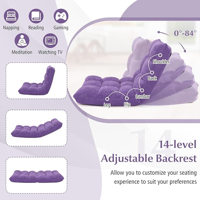 14-Position Floor Sofa, Folding Gaming Sofa Chair, Comfy Cushions & Study Steel Frame, Angle Adjustable Sleeper Bed, Couch Recliner (Purple)