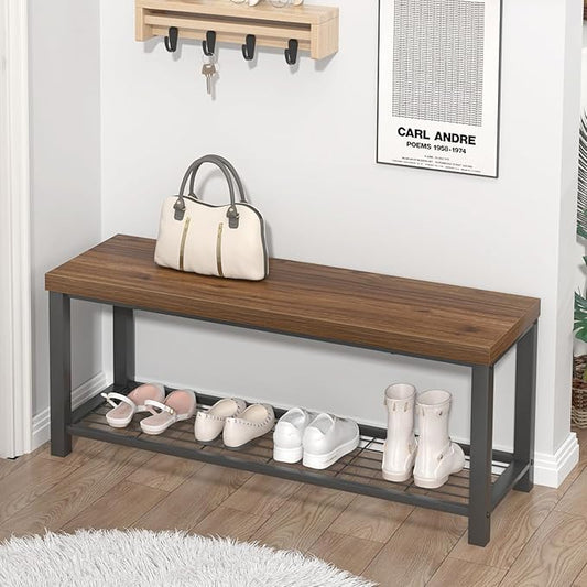 FOLUBAN Modern Entryway Bench - Rustic Wood and Metal Shoe Storage for Hallway Front Door Entrance, Industrial Indoor Seat for Bedroom Living Room, 43 Inch Walnut by FOLUBAN