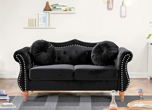 Anna1 Chesterfield Velvet Couches for Living Room, Button Tufted Luxury Upholstery with Rolled Arms, High-Density Foam, Durable Wood Frame, 65.5" Loveseat, Black