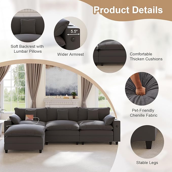 116" Modular Sectional Couch, L Shaped Cloud Couch with Movable Ottoman, Deep Seat Cloud Sofa with Charging Station, Cup Holder, Side Pocket, Chenille Sectional Couches for Living Room, Grey
