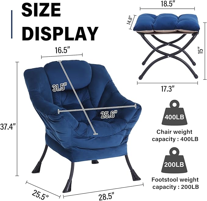Lazy Chair with Ottoman, Modern Accent Chair Sofa Chair with Armrests, Reading Chair and Folding Footstool for Living Room, Bedroom, Office, Royal Blue