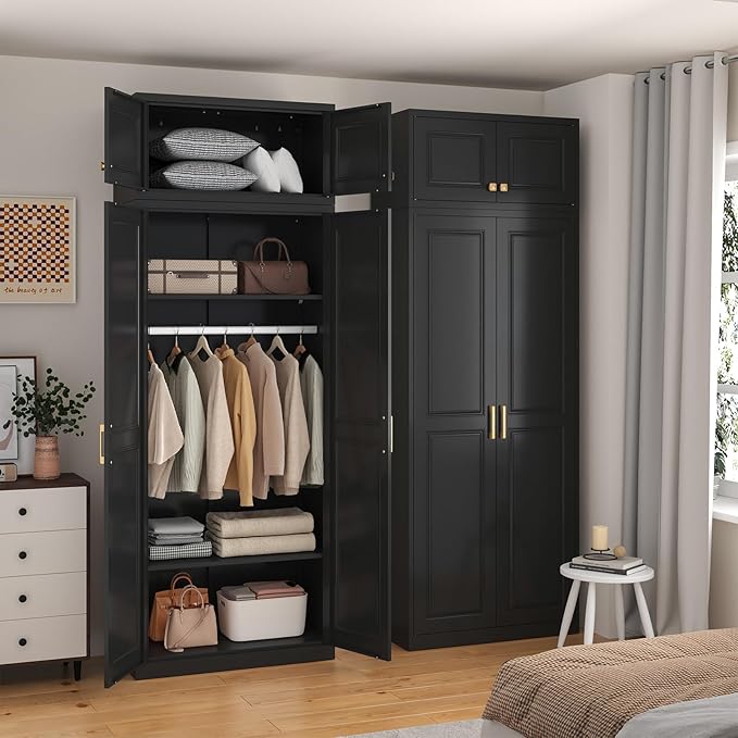 SteeLoong 86" Metal Armoire Wardrobe Closet with Doors,BlackTall Clothing Storage Cabinet with Adjustable Shelves and Hanging Rod,Wardrobe Closet for Bedroom,Home,Office,Gym