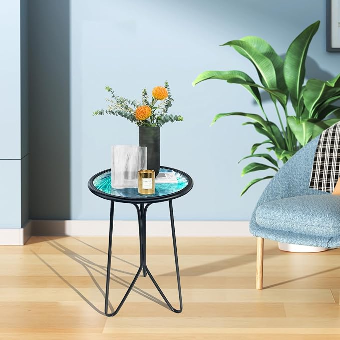 LIFFY Patio Side Table, Small Round End Table, Metal Side Table Outdoor, Small Porch Table for Indoor Balcony Furniture Decor (Blue Glass 12inch) - Image 6