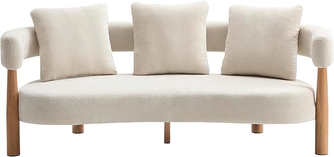 Christopher Knight Home Yulez Curved 3-Seater Sofa Couch with 3 Accent Pillows, Chenille Fabric Upholstered Lounge Seating, 76.5'' Home Office Bedroom Sofa Chair, Comfy Wooden Frame Sofa, Beige