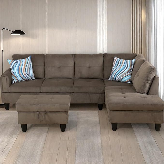 L Shaped Couch Sectional Couch Upholstered Velvet 3 Pieces Sofas for Living Room with Chaise, Ottoman with Storage for Office and Small Apartment, Brown Pineapple
