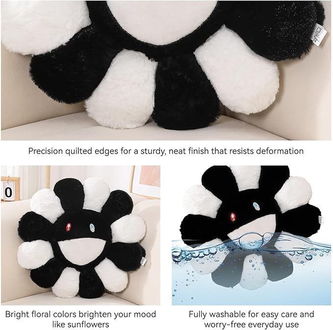 Flower Pillow,Flower Shaped Throw Pillow,Smiley Face Floor Cushions,Cute Sunflower Plush Pillows, Black and White Decorative Pillows for Bed,Couch,Sofa,Car (Black and White,15.7In)