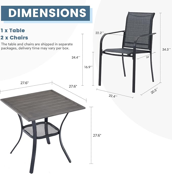 DIFY 3-Piece Outdoor Patio Bistro Dining Set, Grey Wood-Like Small Square Dining Table & 2 Grey Stackable Metal Chairs with Breathable Fabric, Outdoor Furniture Set for Balcony, Porch, and Deck - Image 2