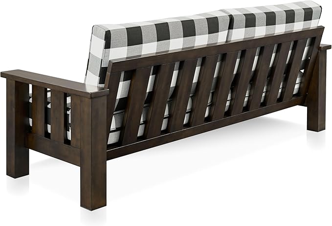 Furniture of America Gavik Modern 3-Piece Solid Wood Sofa Set with Plaid Removable Cushions, Black and White Upholstery Fabric, Arm Chair, Comfortable Couch and Loveseat for Living Room, Dark Walnut