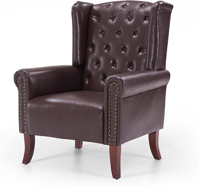 PU Leather Accent Chair Modern Wingback Armchair Club Sofa Chair High Back Living Room Chair for Bedroom, Office, Lounge (Caramel)