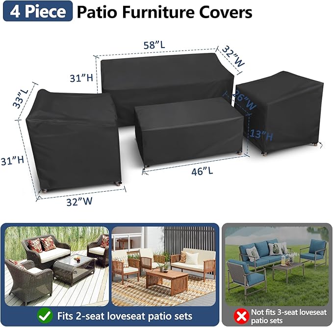 STARTWO Patio Furniture Covers, 4 Piece Heavy Duty Waterproof Outdoor Furniture Cover Set for Rattan Wicker Couch Chairs,Windproof Buckle Strap,Black - Image 2