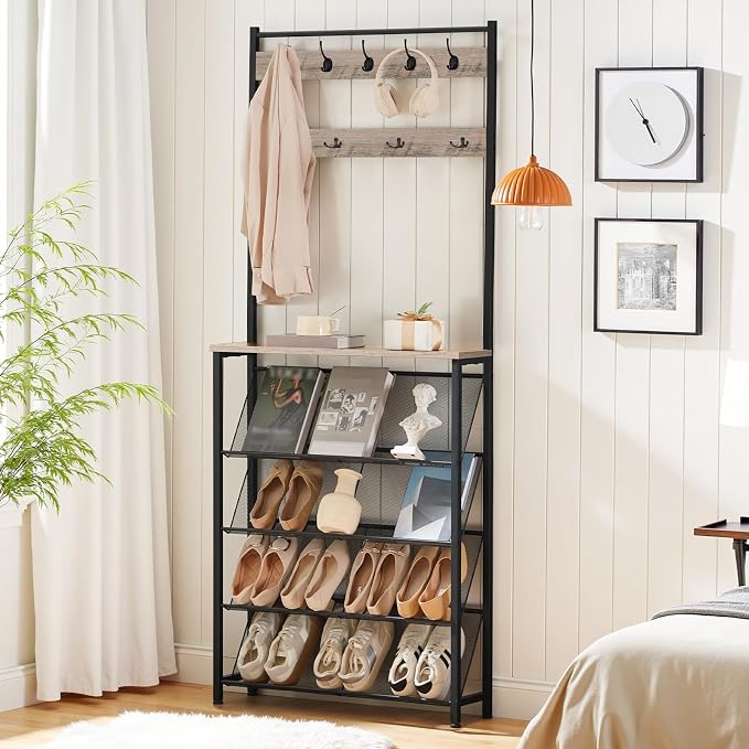 HOOBRO Hall Tree with Bench, Narrow Shoe Rack with Coat Rack, Coat Rack with Shoe Storage, 5 Tier Slanted Shoe Storage Organizer, Coat and Shoe Rack Entryway, Slim Hall Tree, Greige BG20MT01 - Image 7