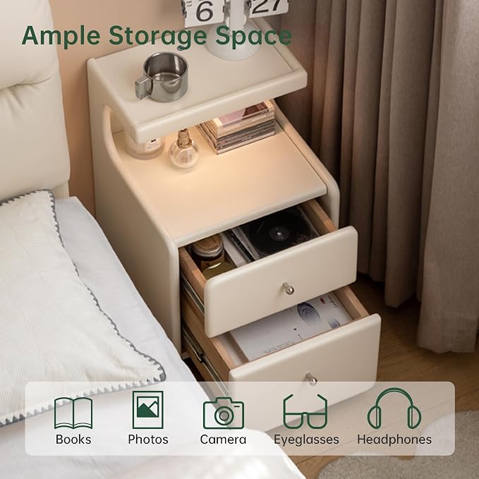 100% Solid Wood Side Table with Wheels LED Light, Narrow Side Table with Storage Drawers, Rolling Bedside Table for Bedroom Living Room Space Saving, Fully Assembled(White, 21.9" H) - Image 5