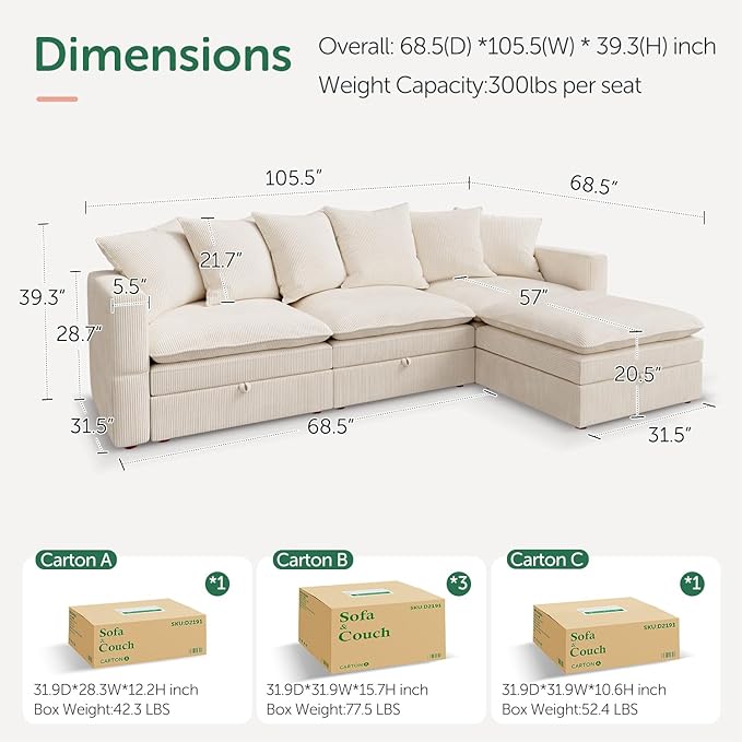 HONBAY Modular Sectional Sofa, 105.5 Inch Corduroy Sectional Couch, 4 Seaters L Shaped Sofa with Storage & Pillows for Living Room, Beige