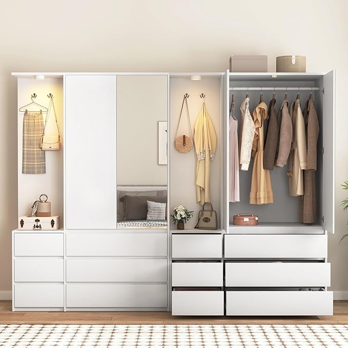 72'' Armoire Wardrobe Closet with Mirror and 6 Drawers,Bedroom Armoire Wardrobe Cabinet with Hanging Rod and Light,Wooden Bedroom Closet with 3 Storage Shelf (White)